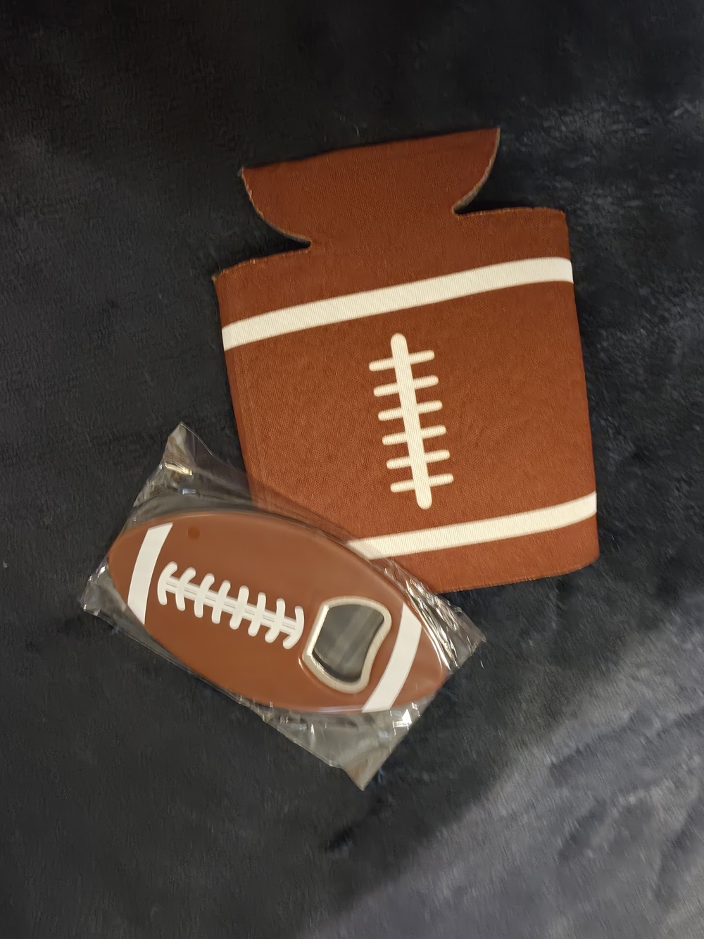 Brown Football-Themed Can Cooler and Bottle Opener Set